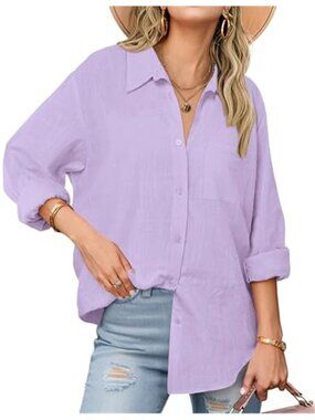 Womens Cotton Button Down Shirt Long Sleeve Collared Linen Look Blouse Top